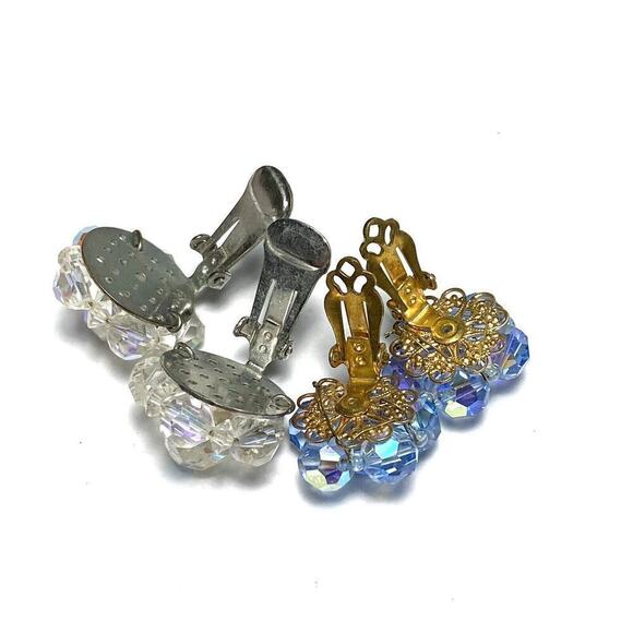 Vintage Clip Ons Clips Earrings Beaded Two Pairs Lot AB Crystals - Picture 16 of 16
